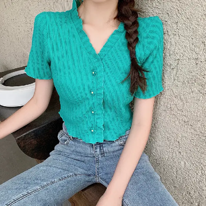 2025 Summer V-Neck Knit Short Top Yellow