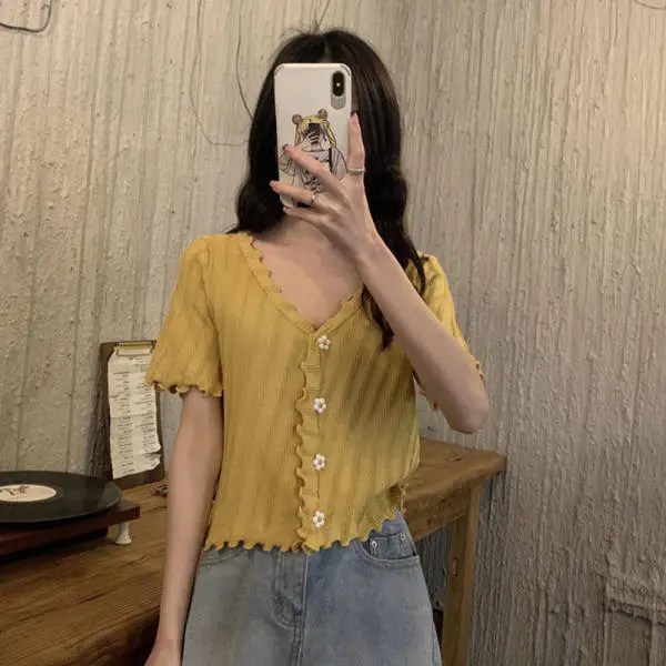 2025 Summer V-Neck Knit Short Top Yellow
