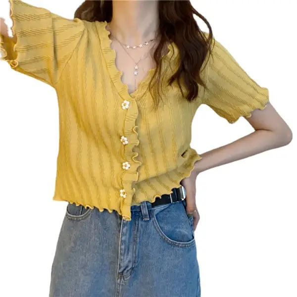 2025 Summer V-Neck Knit Short Top Yellow