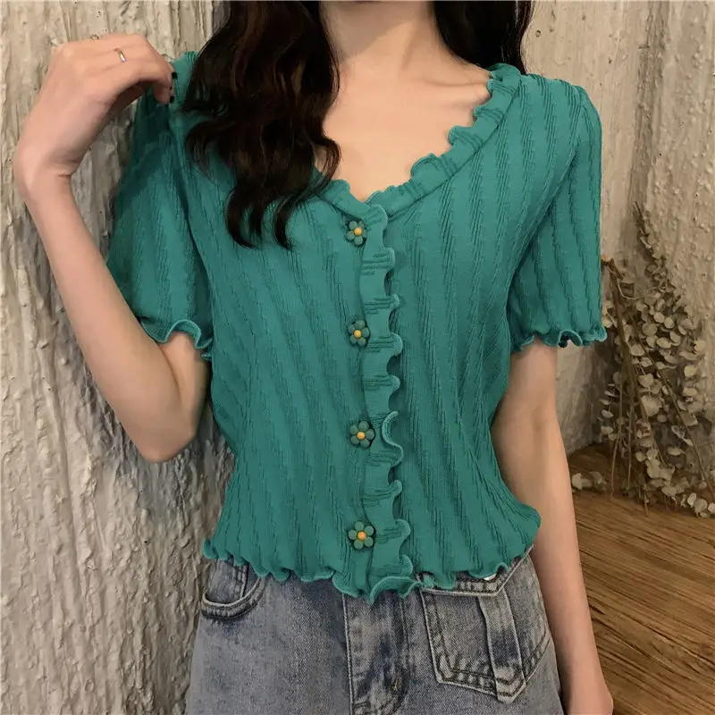 2025 Summer V-Neck Knit Short Top Yellow — feature 10