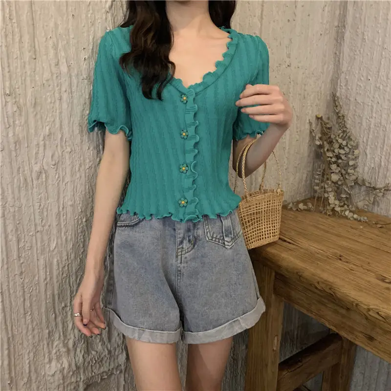 2025 Summer V-Neck Knit Short Top Yellow — feature 11