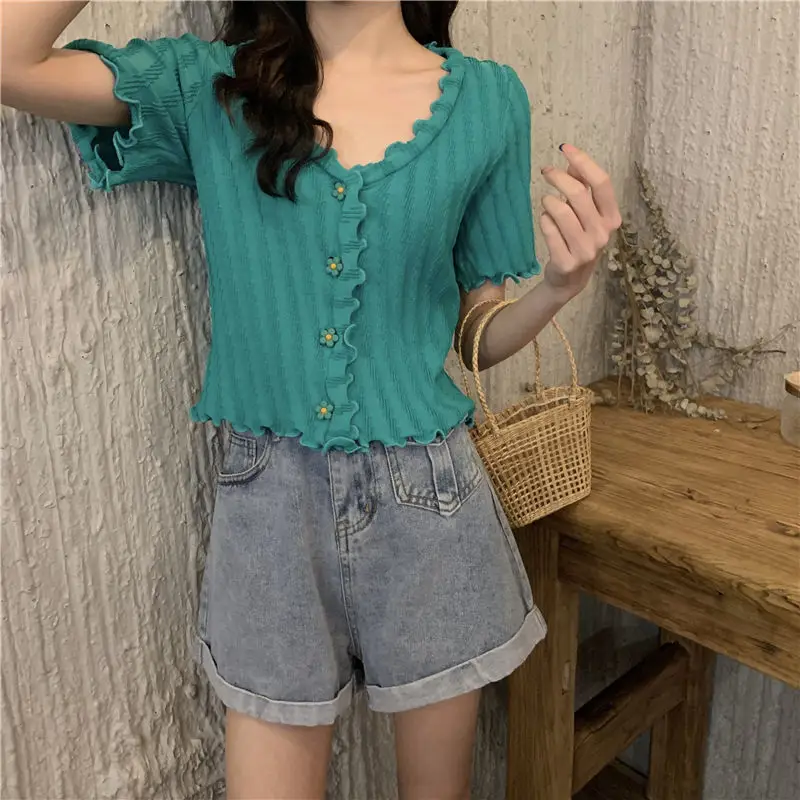2025 Summer V-Neck Knit Short Top Yellow — feature 12