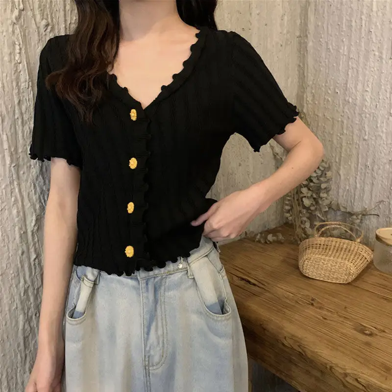2025 Summer V-Neck Knit Short Top Yellow — feature 13