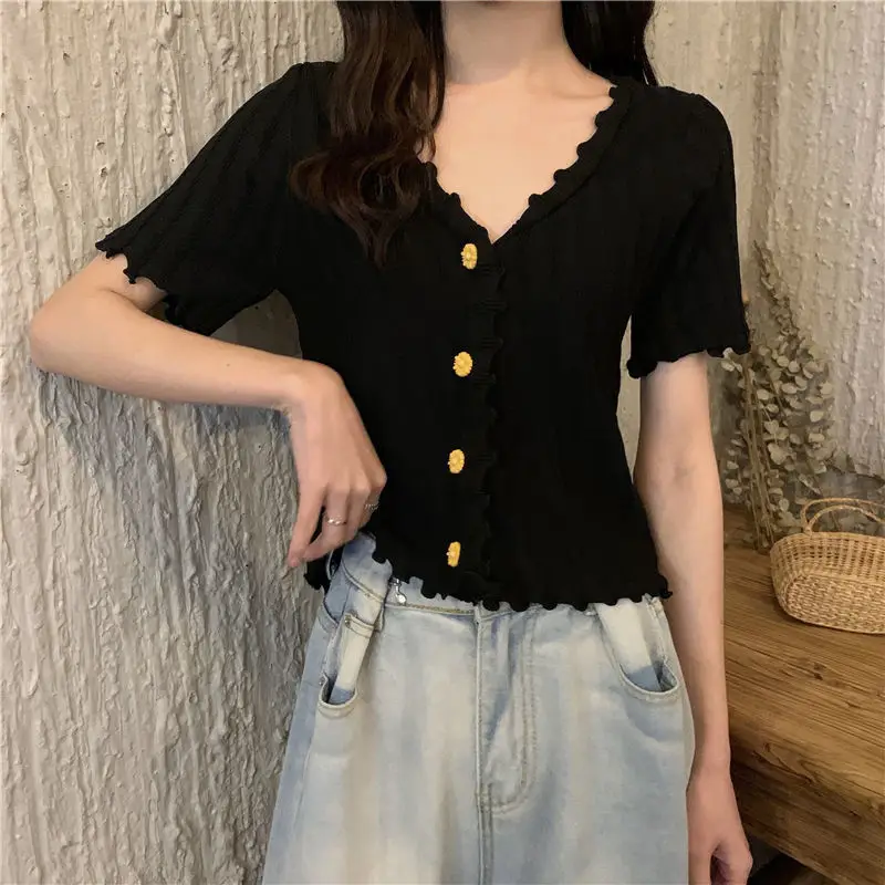 2025 Summer V-Neck Knit Short Top Yellow — feature 14
