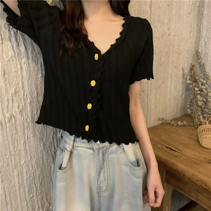 2025 Summer V-Neck Knit Short Top Yellow — feature 15
