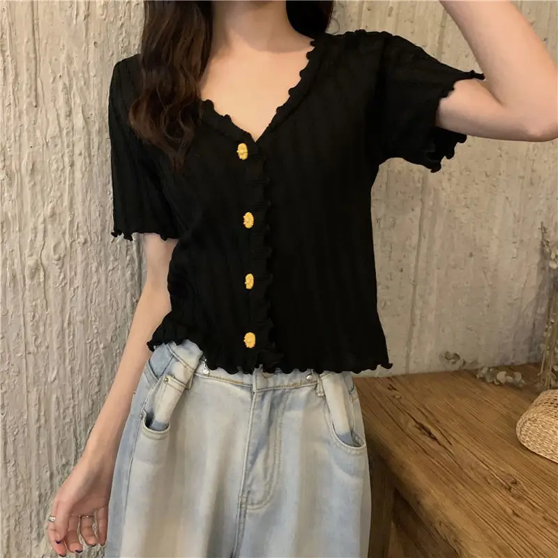 2025 Summer V-Neck Knit Short Top Yellow — feature 16