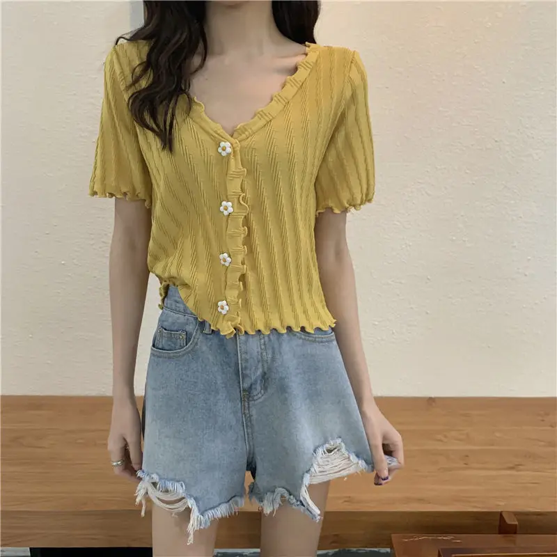 2025 Summer V-Neck Knit Short Top Yellow — feature 19