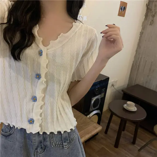 2025 Summer V-Neck Knit Short Top Yellow — feature 20
