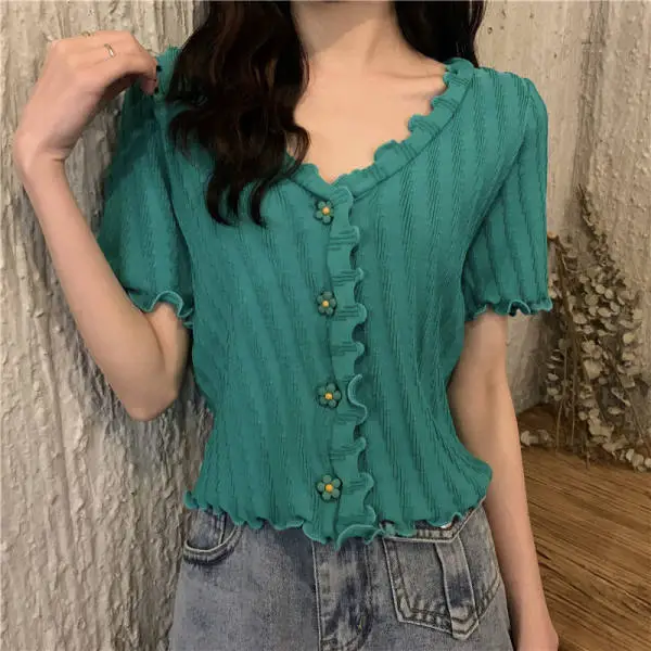 2025 Summer V-Neck Knit Short Top Yellow — feature 23