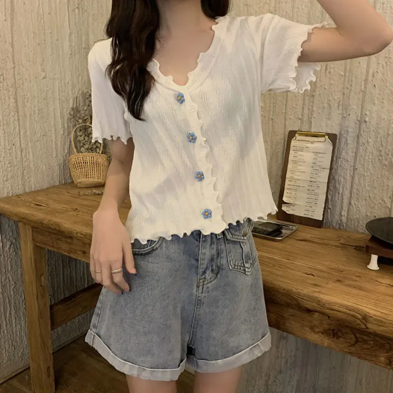 2025 Summer V-Neck Knit Short Top Yellow — feature 4