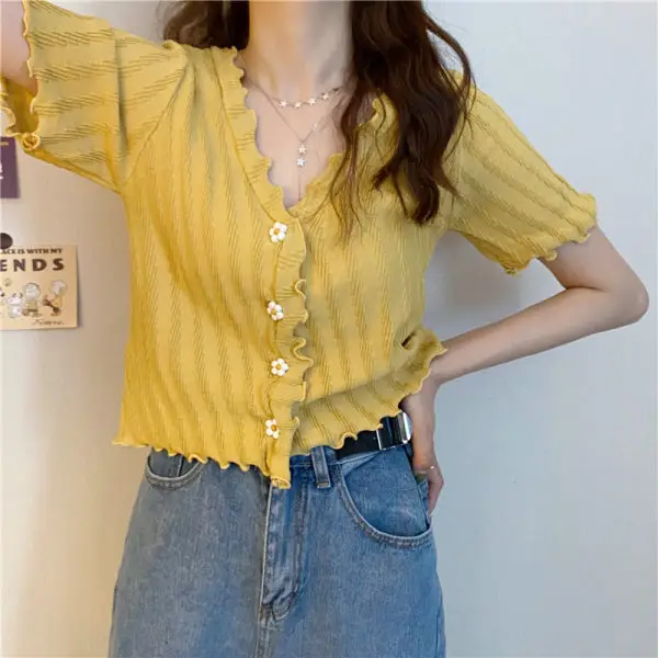 2025 Summer V-Neck Knit Short Top Yellow — feature 5