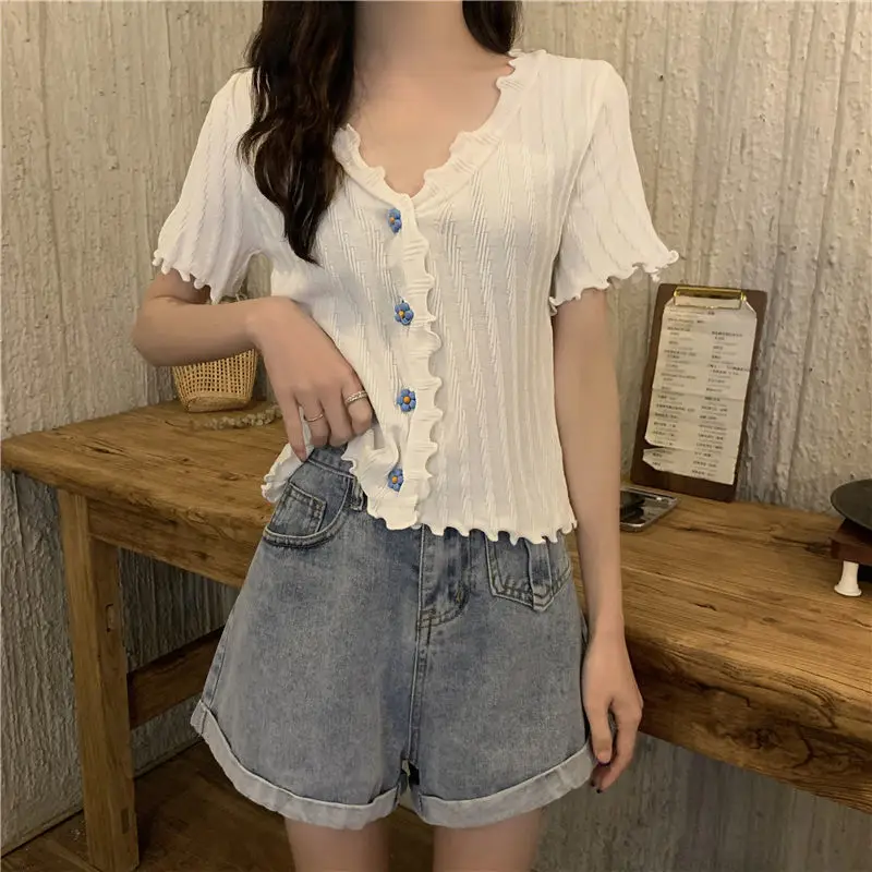 2025 Summer V-Neck Knit Short Top Yellow — feature 6