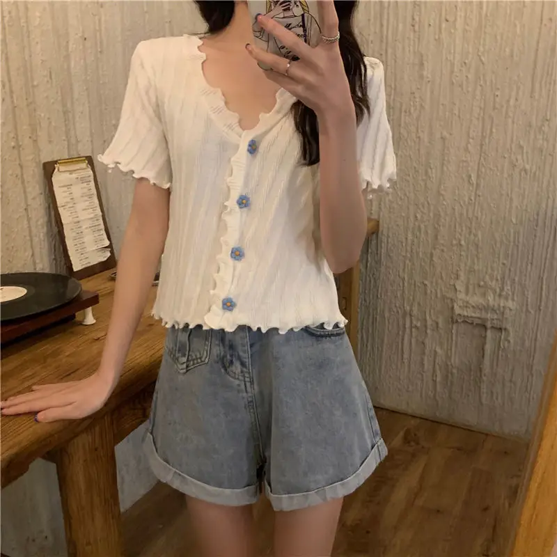 2025 Summer V-Neck Knit Short Top Yellow — feature 7