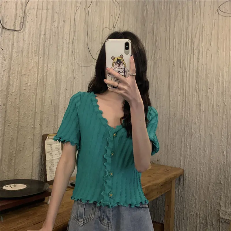 2025 Summer V-Neck Knit Short Top Yellow — feature 9