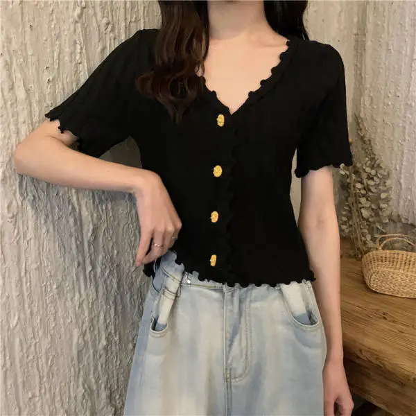 2025 Summer V-Neck Knit Short Top Yellow