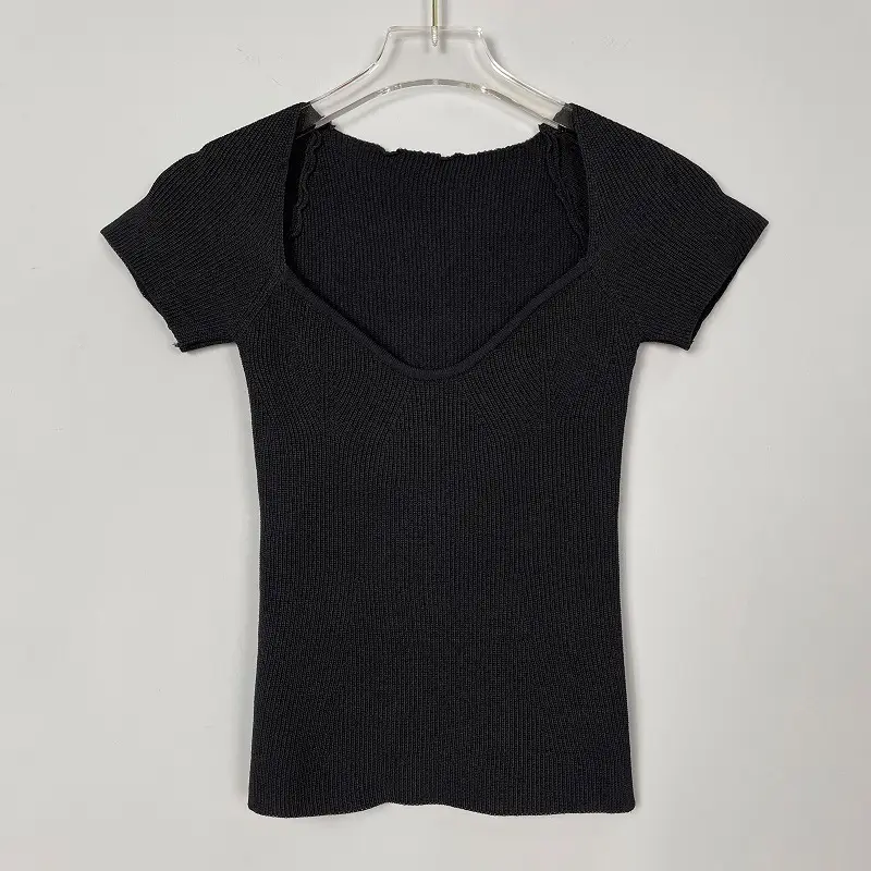 Beige Knitted Low Cut T-Shirt for Women - Image 2