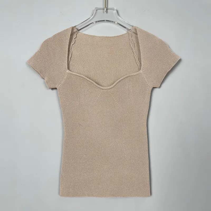 Beige Knitted Low Cut T-Shirt for Women - Image 3