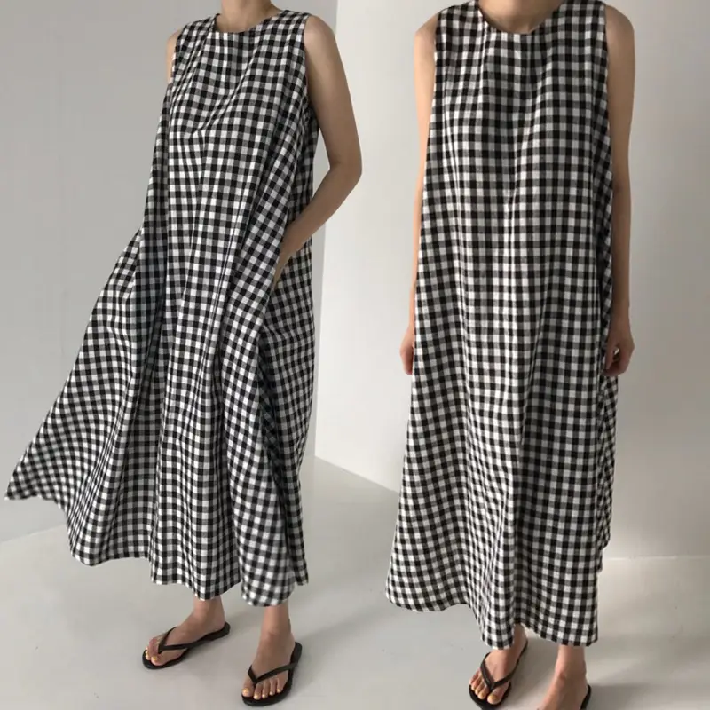 Black White Checkered Vest Vest Dress Women Loose Sleeveless Over-the-Knee Long Vest - Image 2