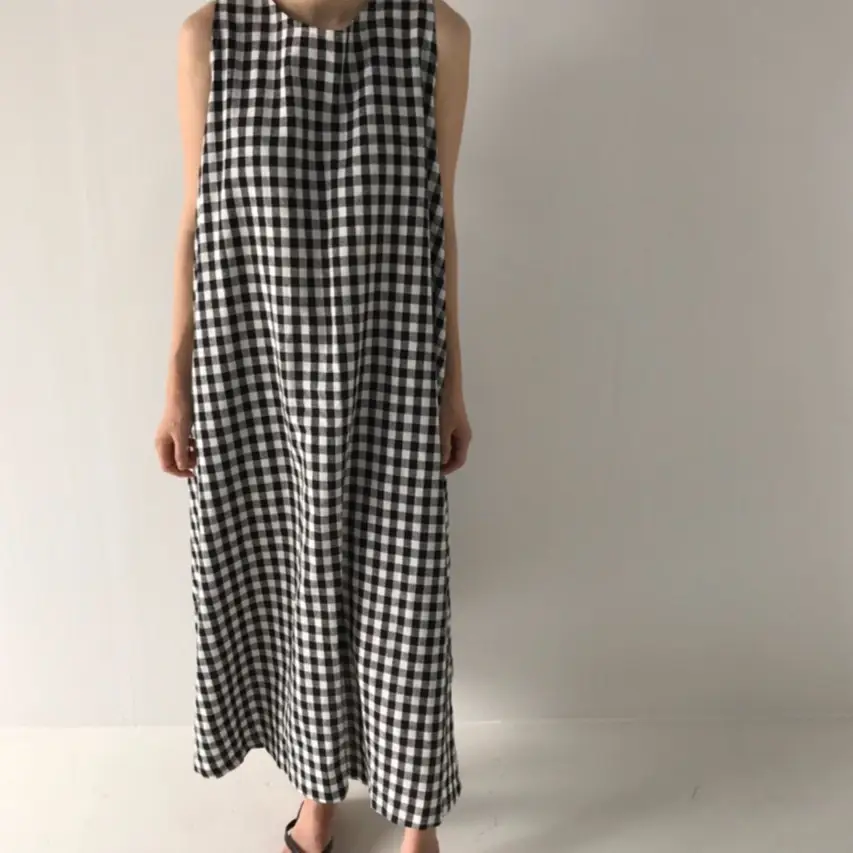 Black White Checkered Vest Vest Dress Women Loose Sleeveless Over-the-Knee Long Vest - Image 3