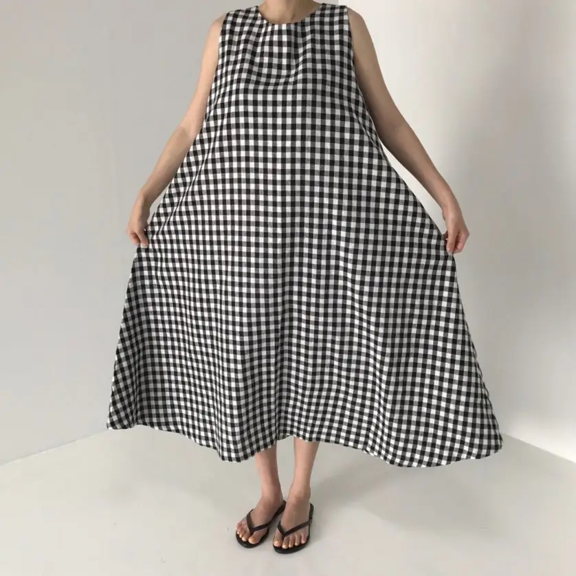 Black White Checkered Vest Vest Dress Women Loose Sleeveless Over-the-Knee Long Vest - Image 4