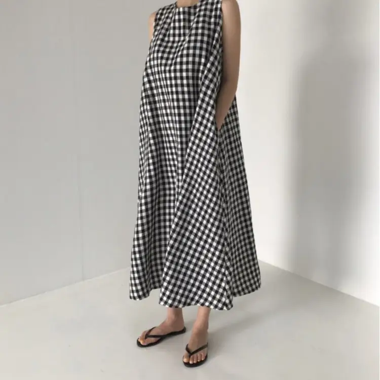 Black White Checkered Vest Vest Dress Women Loose Sleeveless Over-the-Knee Long Vest - Image 5