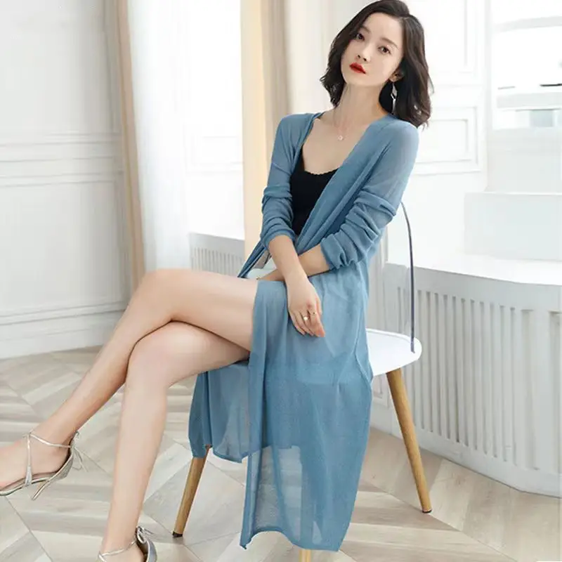 Women Ice Silk Knitted Sun Protection Cardigan Mid-Length