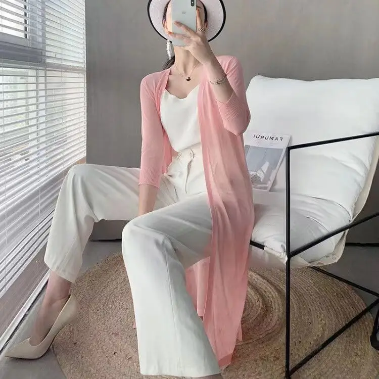 Women Ice Silk Knitted Sun Protection Cardigan Mid-Length