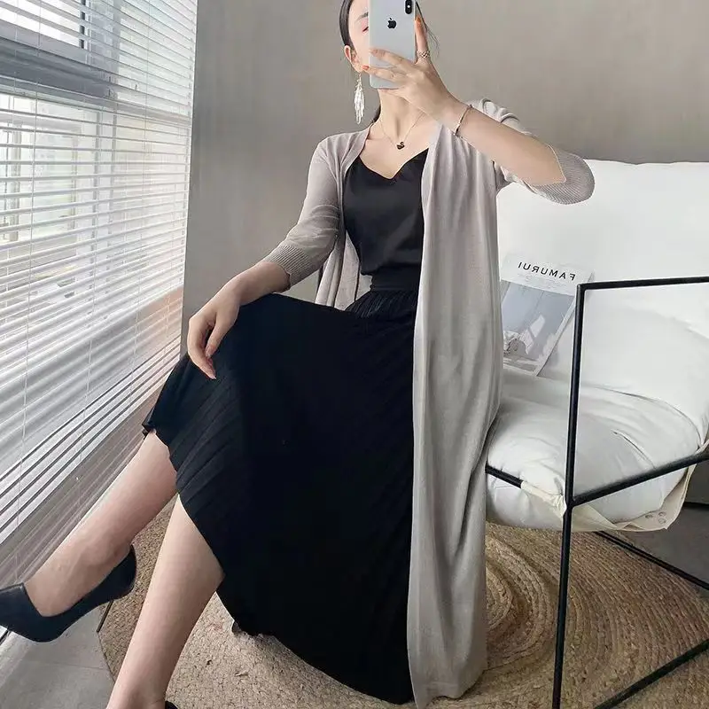 Women Ice Silk Knitted Sun Protection Cardigan Mid-Length