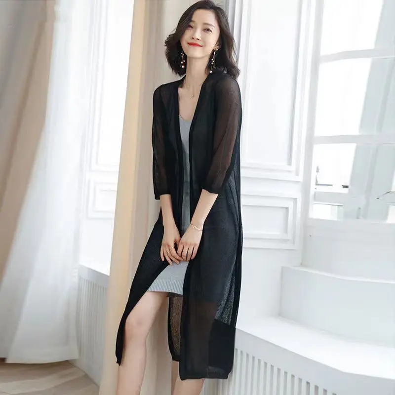 Women Ice Silk Knitted Sun Protection Cardigan Mid-Length