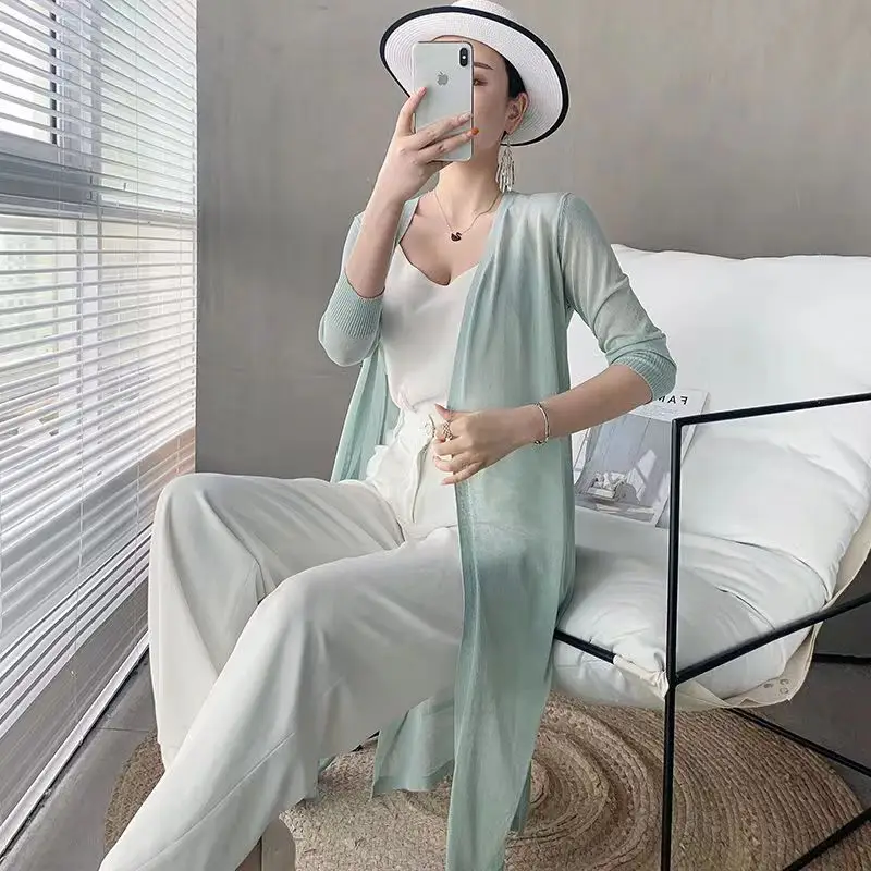 Women Ice Silk Knitted Sun Protection Cardigan Mid-Length
