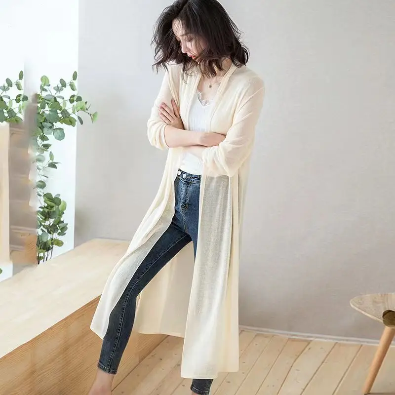 Women Ice Silk Knitted Sun Protection Cardigan Mid-Length