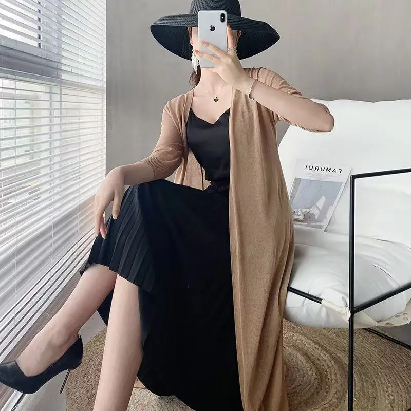 Women Ice Silk Knitted Sun Protection Cardigan Mid-Length