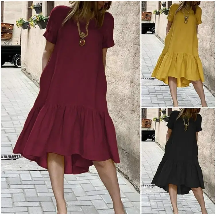 Women Ruffled Cotton Dress Maroon Short Sleeve - Image 4