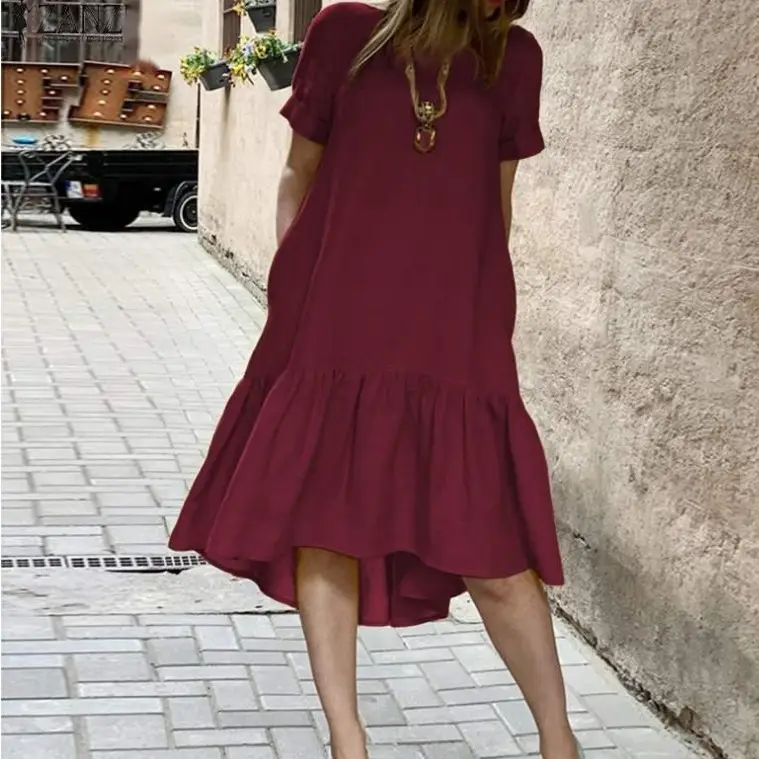 Women Ruffled Cotton Dress Maroon Short Sleeve - Image 5