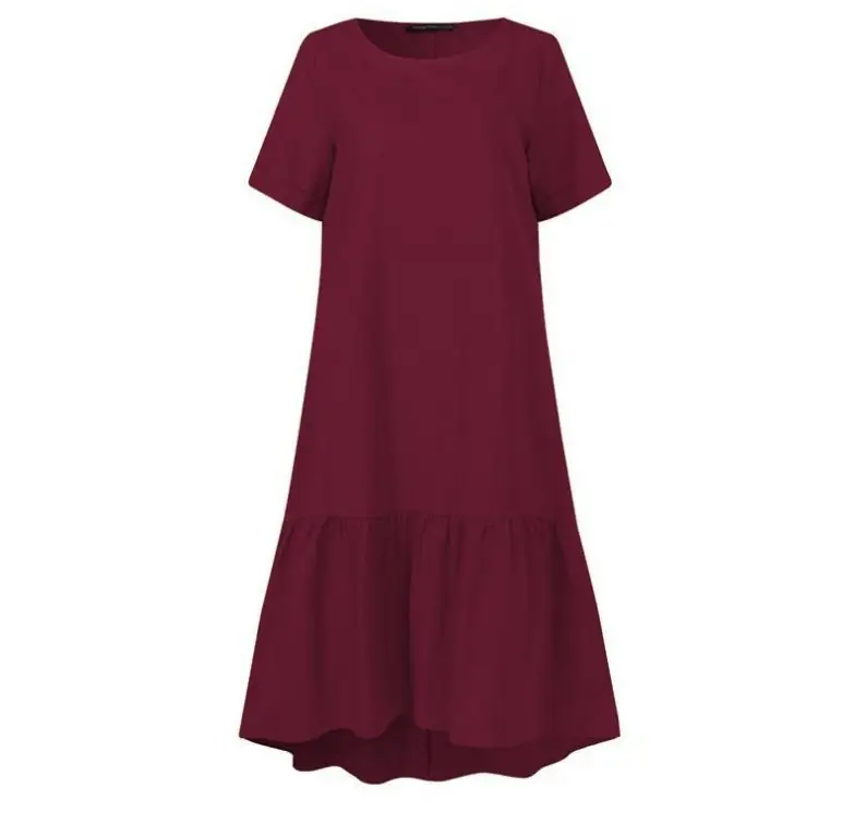 Women Ruffled Cotton Dress Maroon Short Sleeve - Image 8