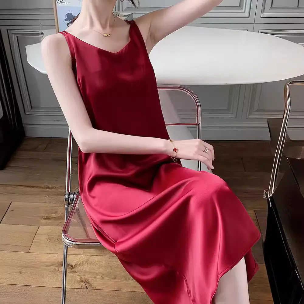 2025 Satin Slip Dress Red Slimming Summer Wear - Image 10
