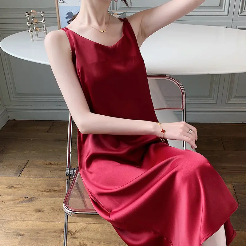 2025 Satin Slip Dress Red Slimming Summer Wear - Image 2
