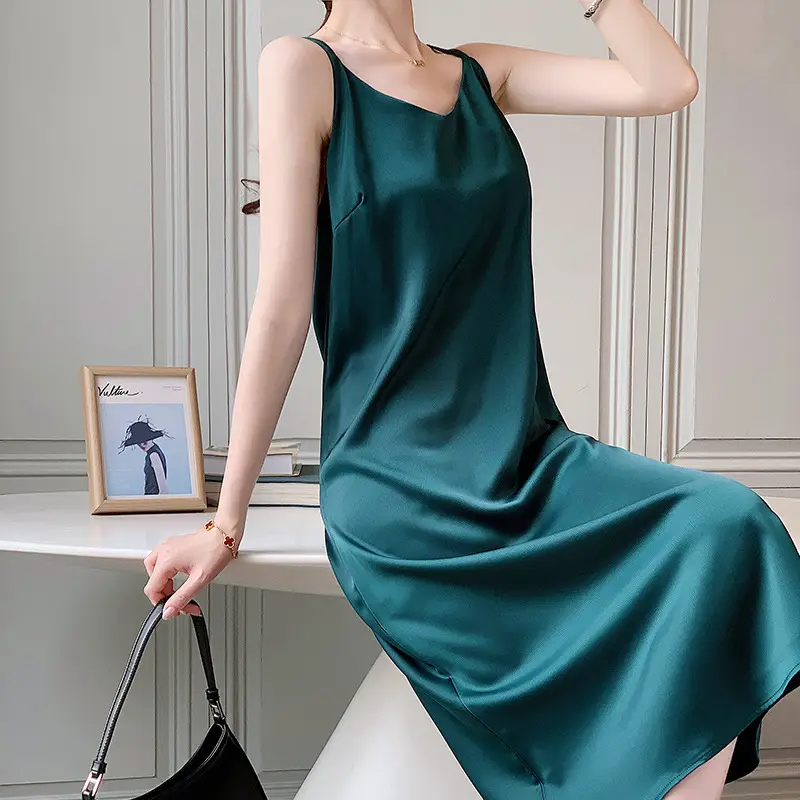 2025 Satin Slip Dress Red Slimming Summer Wear - Image 3