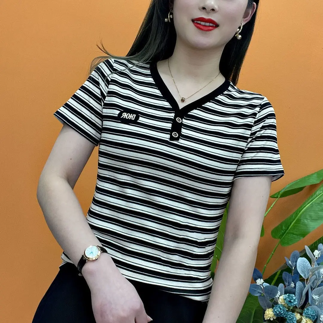 Women Striped Short Sleeve T-Shirt 2022 New Trendy - Image 2