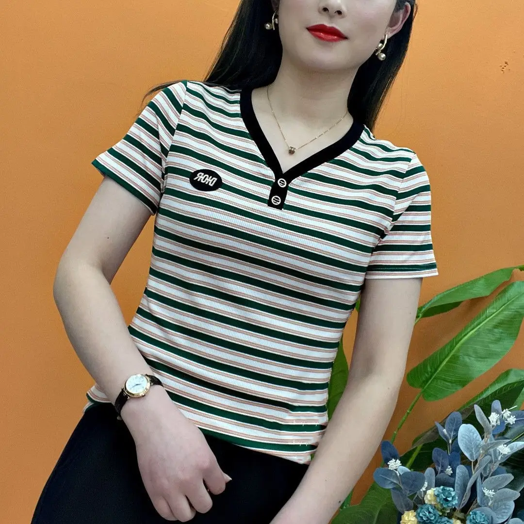 Women Striped Short Sleeve T-Shirt 2022 New Trendy - Image 3