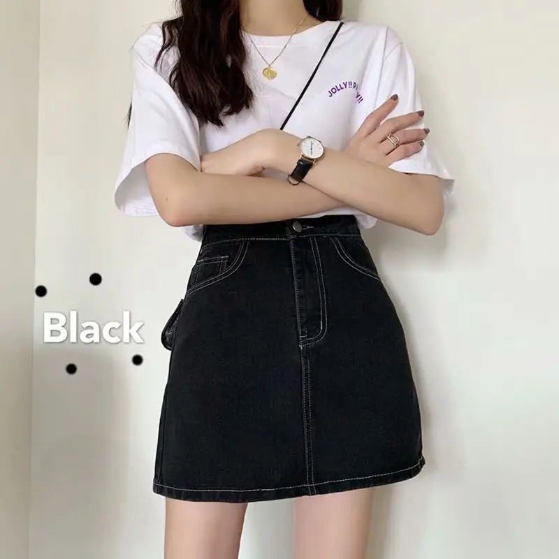 Women Wearing White T Shirt Black Denim Skirt Large Spring Summer Slimming - Image 3