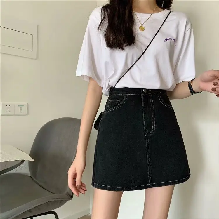 Women Wearing White T Shirt Black Denim Skirt Large Spring Summer Slimming - Image 4