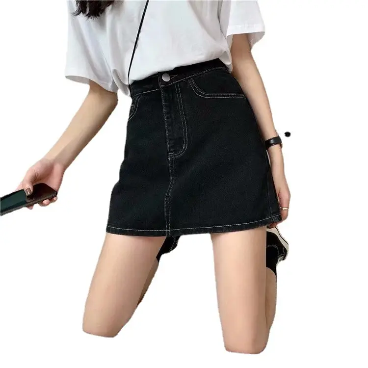 Women Wearing White T Shirt Black Denim Skirt Large Spring Summer Slimming - Image 6