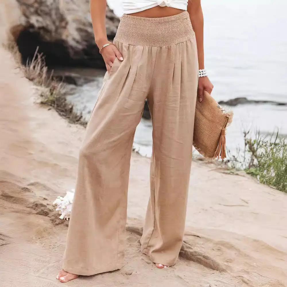 Women Wide Leg Cotton Linen Pants Green Summer - Image 19