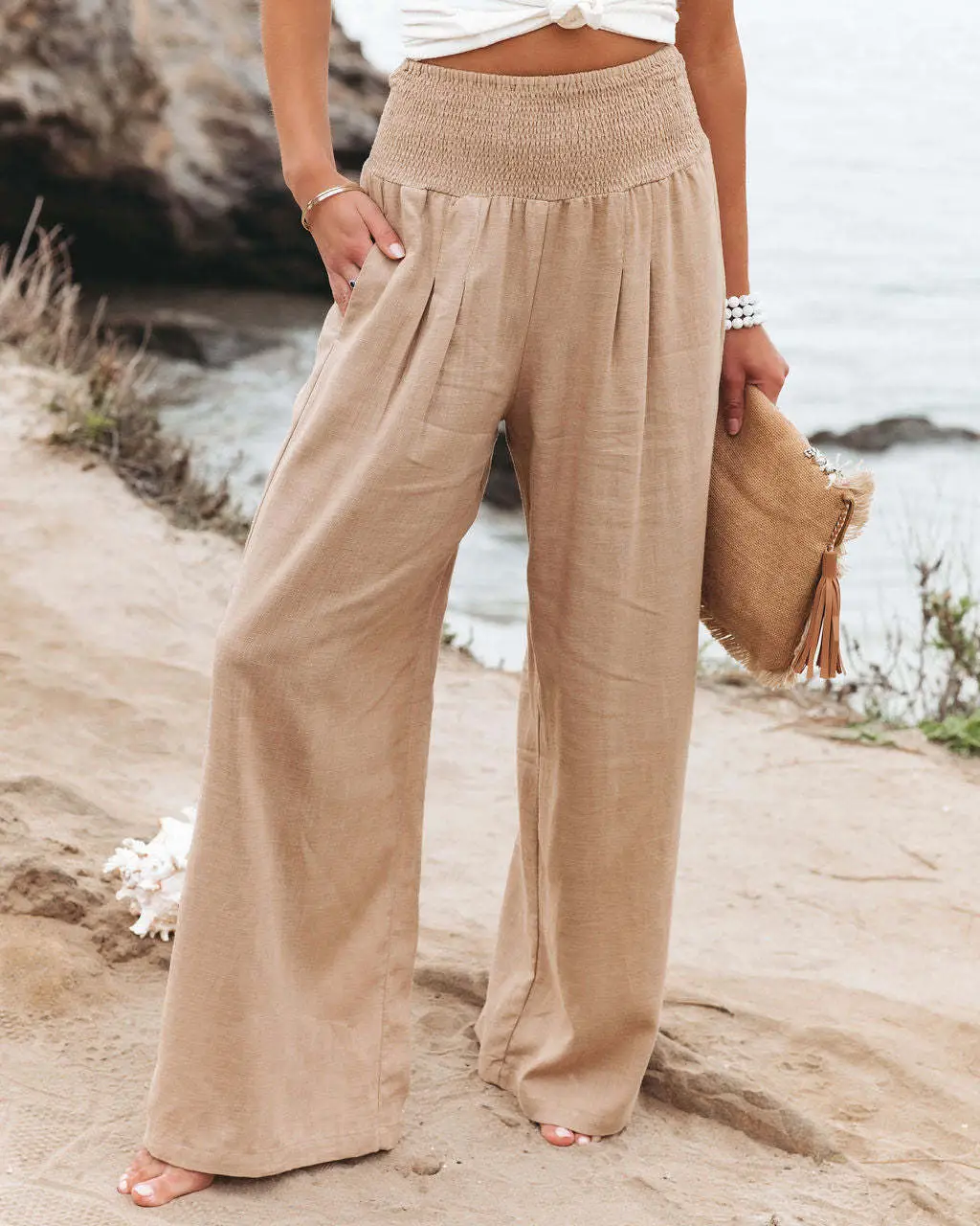 Women Wide Leg Cotton Linen Pants Green Summer - Image 4