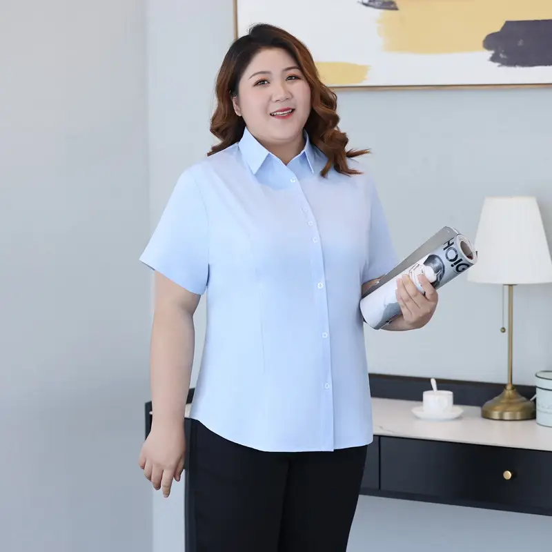 Plus Size Light Blue Short Sleeve Shirt for Fat Women - Image 4
