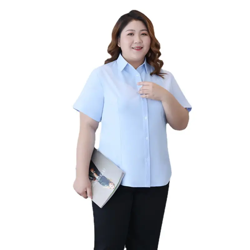 Plus Size Light Blue Short Sleeve Shirt for Fat Women - Image 6