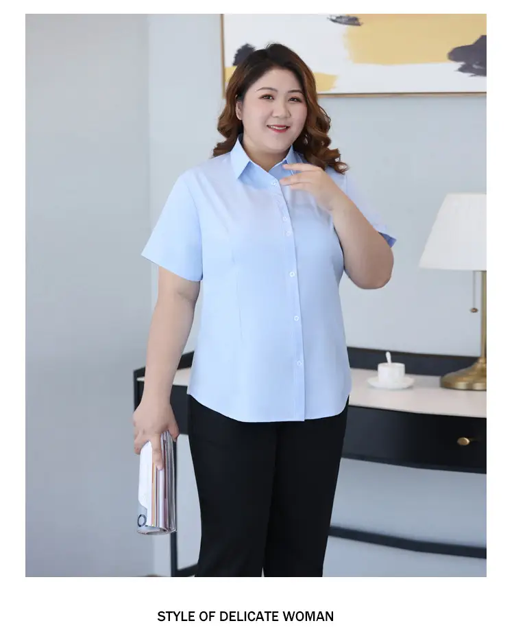 Plus Size Light Blue Short Sleeve Shirt for Fat Women — feature 12