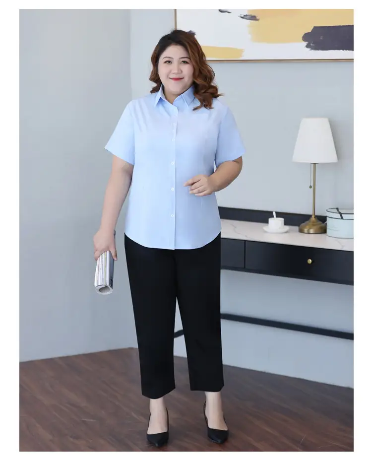 Plus Size Light Blue Short Sleeve Shirt for Fat Women — feature 15