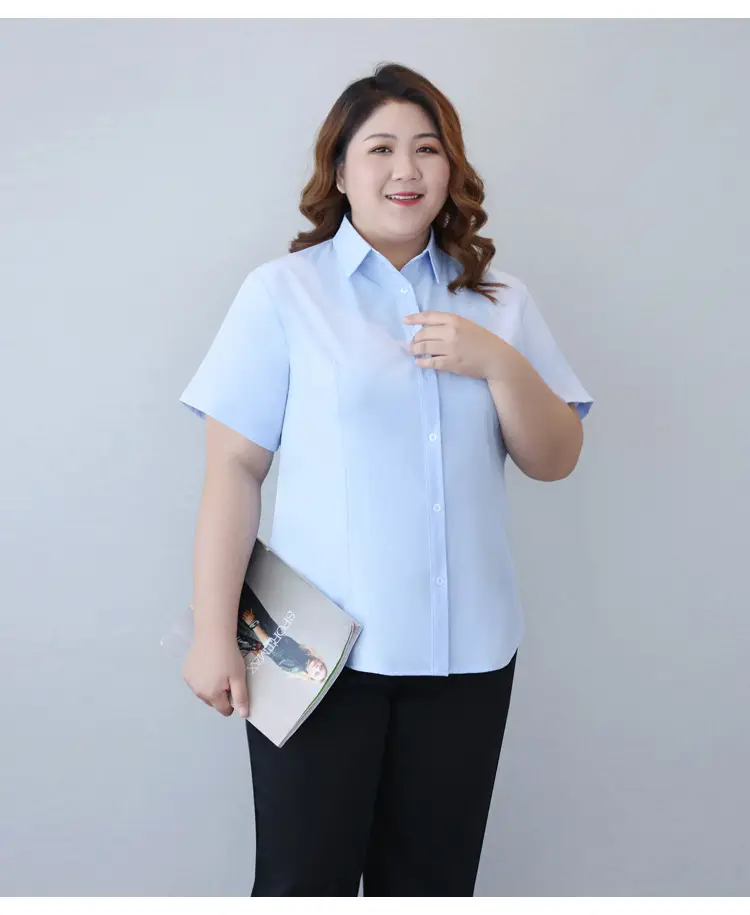 Plus Size Light Blue Short Sleeve Shirt for Fat Women — feature 16